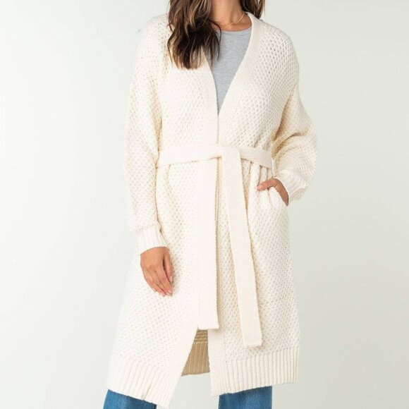 Long Knit Cardigan Sweater Belted Open Front Cozy - Picture 3 of 6